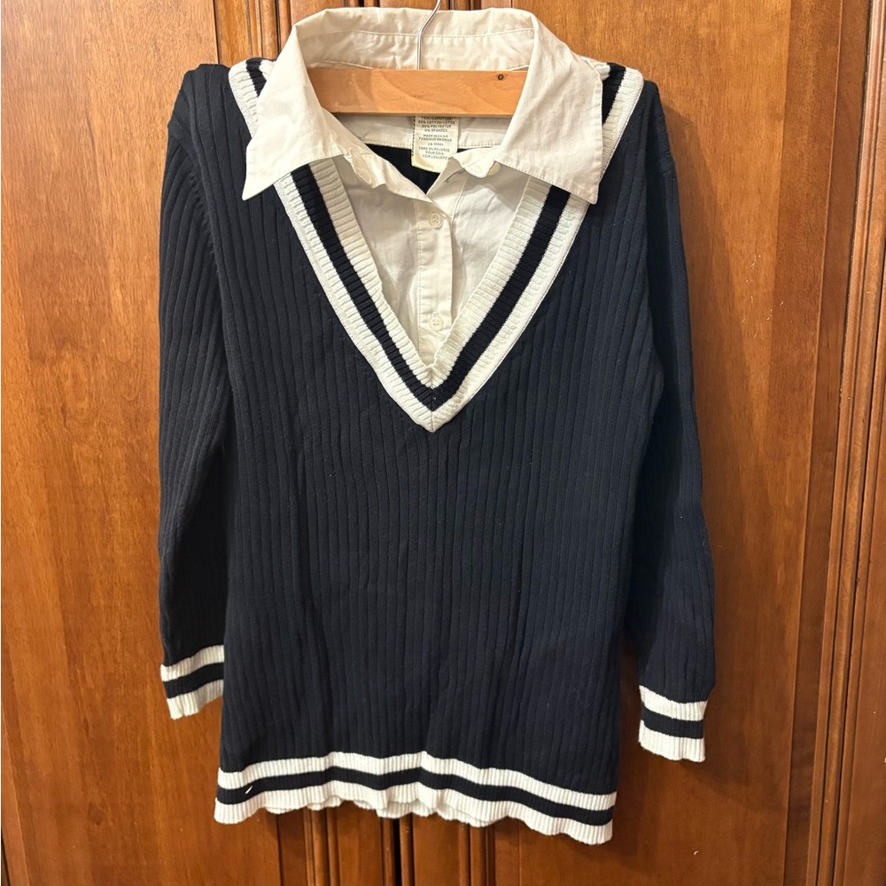 Black V-Neck Sweater with White Collar